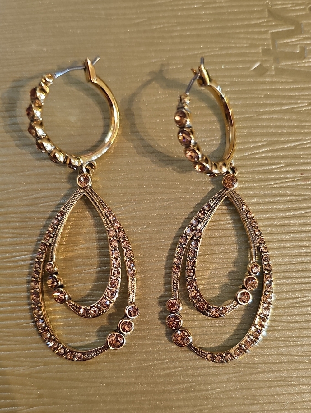 Elegant Gold-Tone Pavé Yellow Crystal Double Teardrop Hoop Earrings